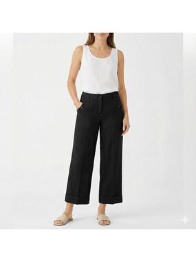 LARRY LEVINE Linen Rayon Blend Wide Leg Cuffed Capris Cropped Trousers Sz 14